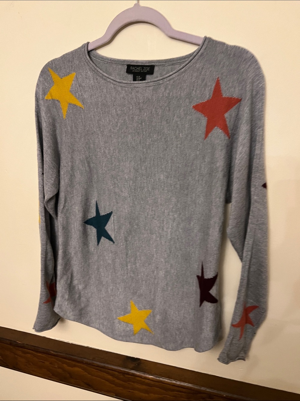 Rachel Zoe Gray Crewneck Sweater with Multicolor Star Motif M